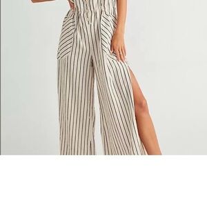 Free People Beach Town Linen Striped Jumpsuit